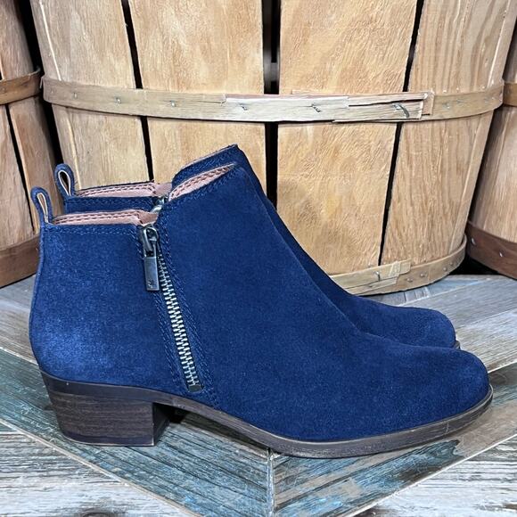 Lucky Brand Basel Navy Blue Suede Double Zip Up Ankle Booties Boots Women Size 6 - Picture 1 of 12